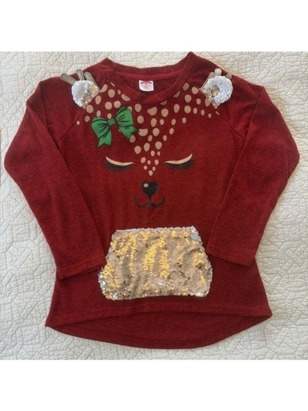 Holiday Time Shiny Reindeer Pouch Pockets Girls L 10-12 Christmas Party Soft
